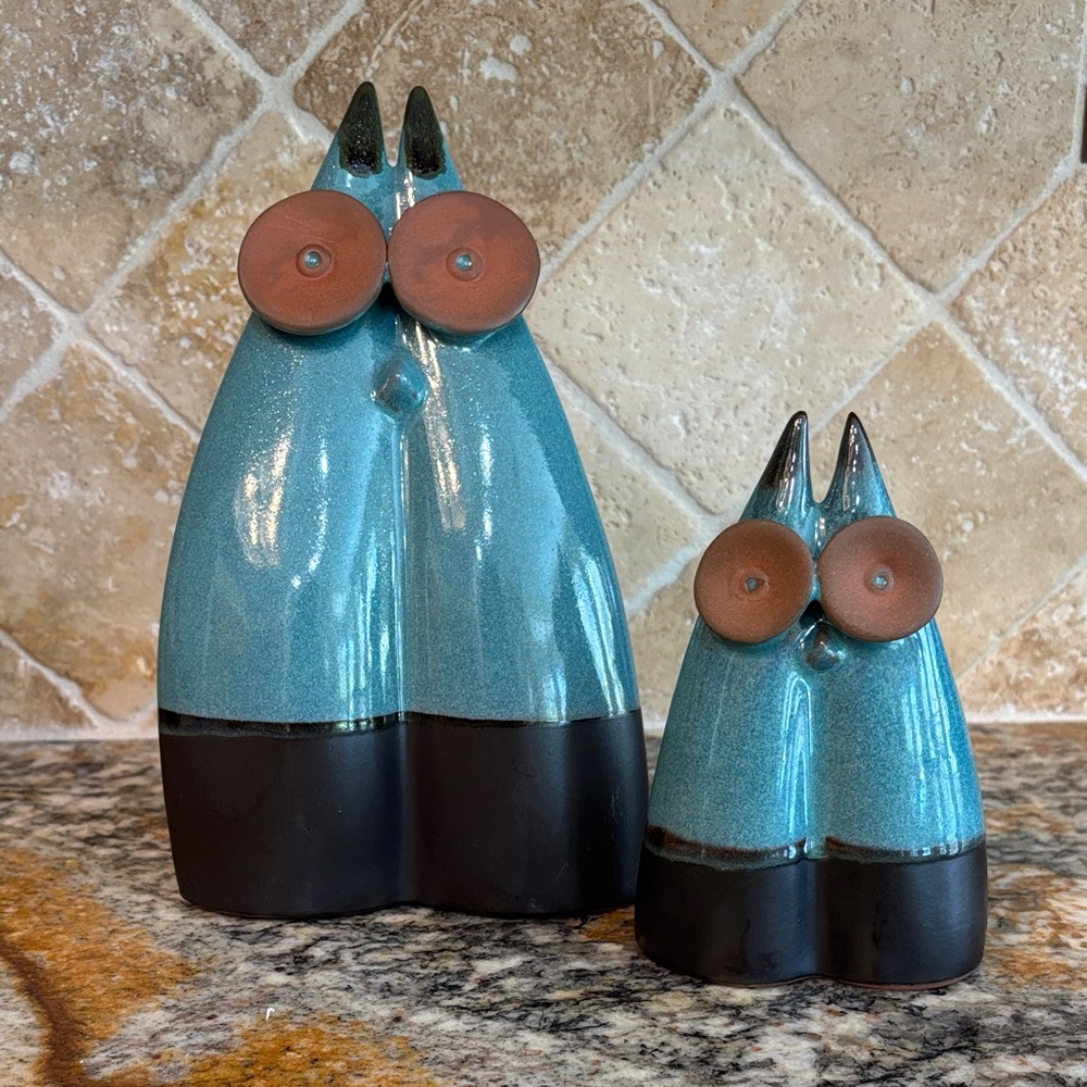 Global Views Blue and Brown Pair of Ceramic Owl Figurines